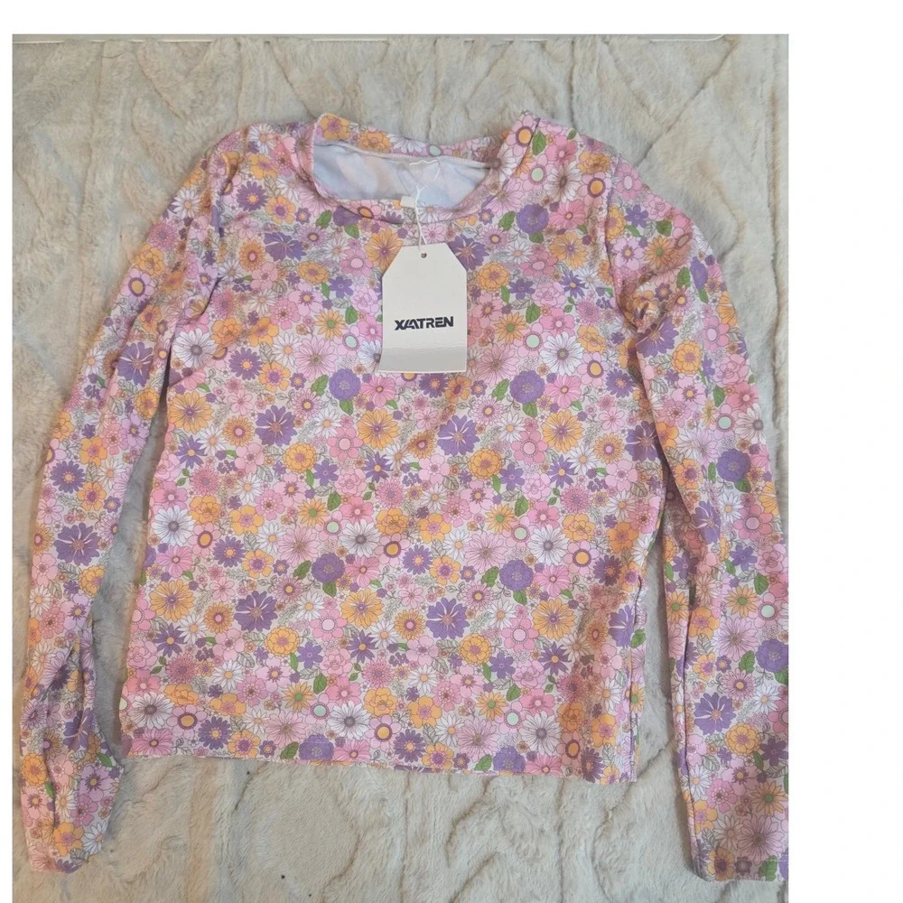 XATREN Girls Floral Rash Guard Long Sleeve Swim Top Pink Purple Orange 11-12Y